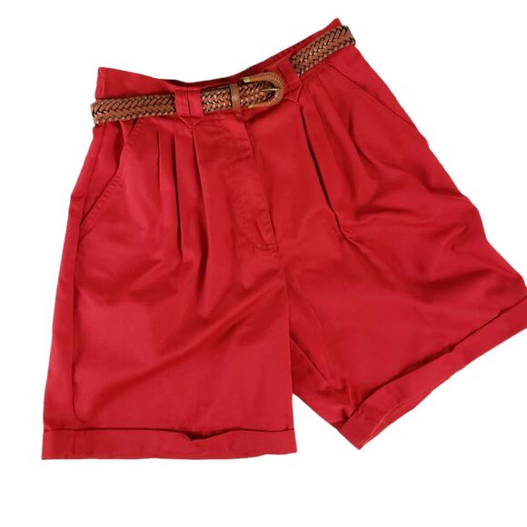 Vtg Karen Scott Size 8 PETITE Red Pleated High Waist Cuffed Mom Shorts w/ Belt - Picture 8 of 10